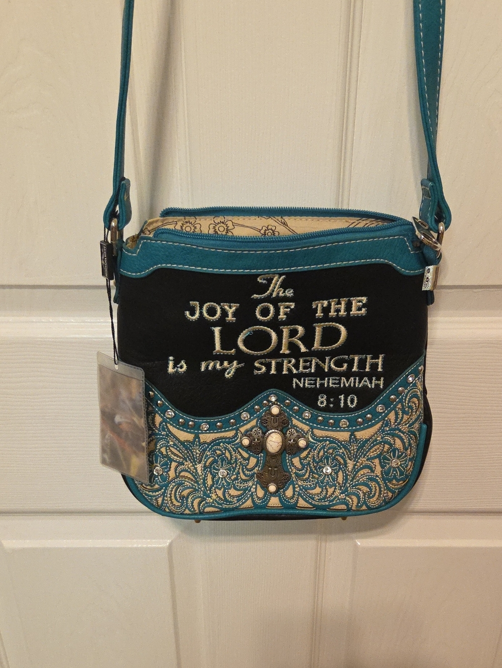 Montana West Teal and Black Crossbody Bag with Embroidered Scripture
